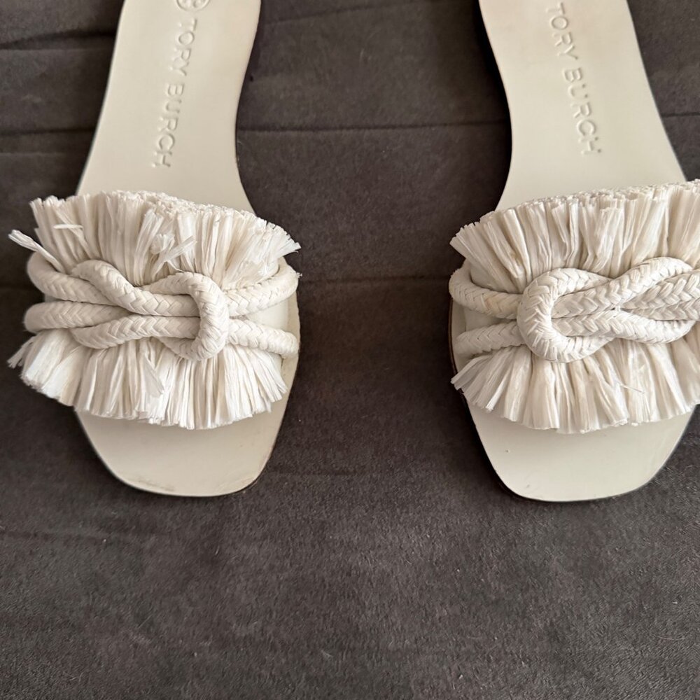 Tory Burch White Fringe Knot Leather Slide Sandals Size 7M - Picture 2 of 7